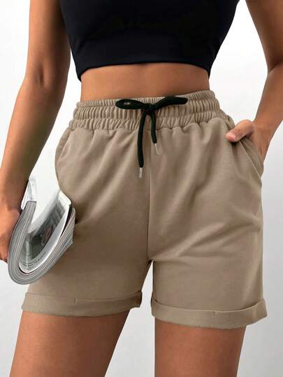SHEIN Pantaloni scurți casual cu talie elastică și șnur, relaxați, cu buzunare, minimalisti