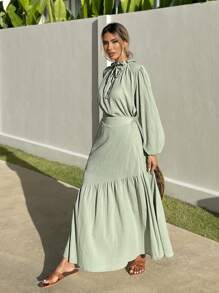 RueChic 綁帶領口長袖上衣，帶褶邊設計，優雅編織套裝，適用於夏季 - 薄荷綠 - 查看 1