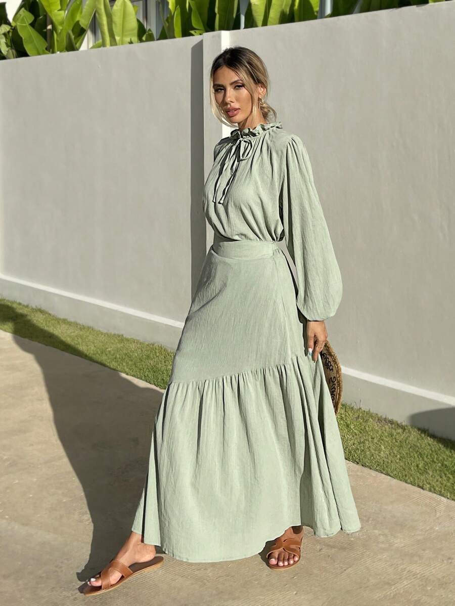 RueChic 綁帶領口長袖上衣，帶褶邊設計，優雅編織套裝，適用於夏季 - 薄荷綠 - 查看 1