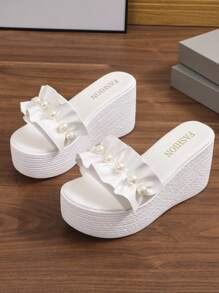 Women's Fashionable Pearl Decor Wedge Heel Platform Sandals For Outdoor Wearing - White - View 4