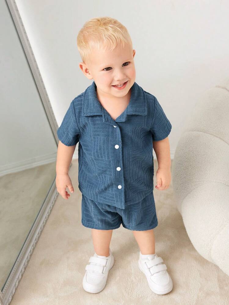2pcs Boys' Leisure 3D Pattern Towel Fabric Outfit Set, Spring And Summer