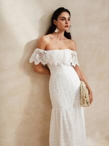 Anewsta Ruffle Lace Dress With Ruffle Trim And Waist Cinching, Elegant Maxi Length For Holiday Party Clothes - White - View 2