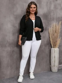 EMERY ROSE Cárdigan de talla grande de unicolor con cuello en V y manga larga, para el invierno - Negro - Ver 3