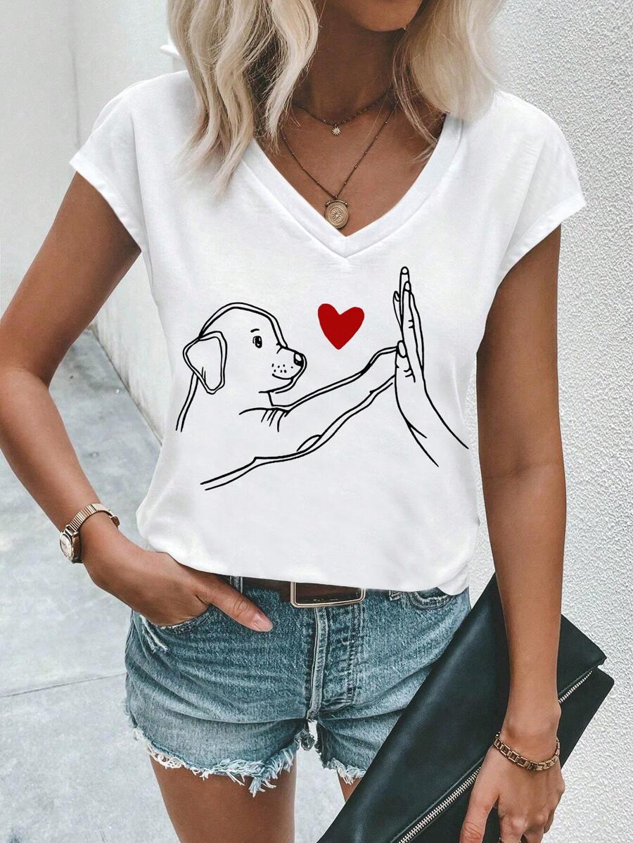 EMERY ROSE Lässiges V-Ausschnitt Pullover Oberteil für Frauen mit Hund Herz Grafik, geeignet für den Sommer