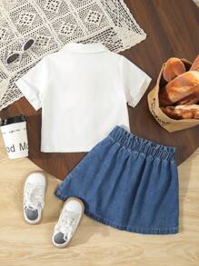 Little Girls' Comfortable Casual White Embroidered Top And Blue Denim Skirt Set - Blue and White - View 2
