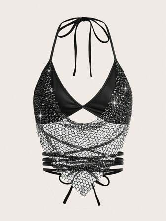 SHEIN ICON Haut de soutien-gorge de fête pailleté Y2K et col ras-du-cou en filet de mode pour femmes avec des bretelles et un dos ouvert de style maillot de football