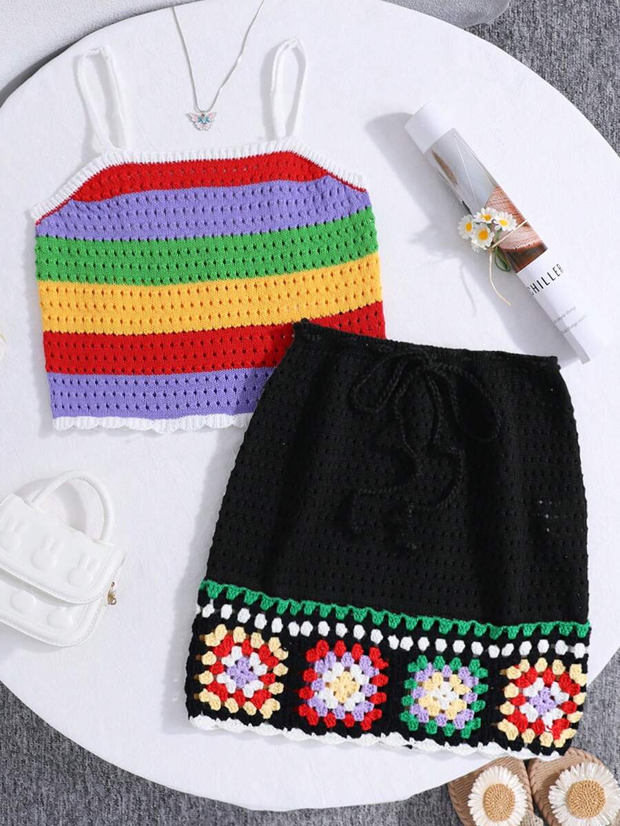 SHEIN Teen Girl's Colorblock Multi-Colored Knit Spaghetti Strap Top Sweater And Skirt Set,In Fall/Winter - Multicolor - View 1