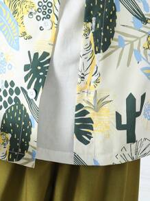 Camisa de manga corta con estampado tropical para niño joven con pantalones de unicolor y gorro, atuendo para vacaciones y tiempo libre - Verde militar - Ver 7