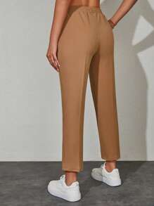 EURMUSE Pantalones unicolor de cintura con cordón con bolsillo oblicuo - Camel - Ver 2