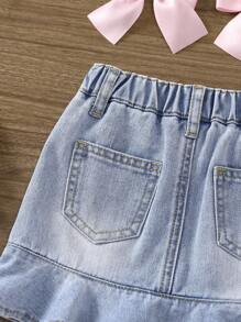 SHEIN 女嬰牛仔裙，帶刺繡口袋，可愛生動 - 淺色水洗藍 - 查看 4