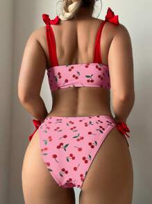 SHEIN Swim 女士夏季海滩樱桃印花镂空比基尼套装（带肩带），两件套比基尼套装 - 玫紅色 - 查看 2