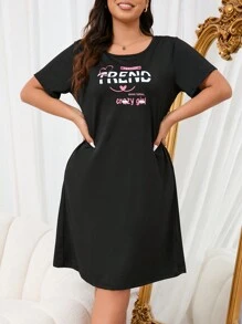 vestido de ropa de dormir de verano informal con impresión de letras en talla grande - Negro - Ver 3