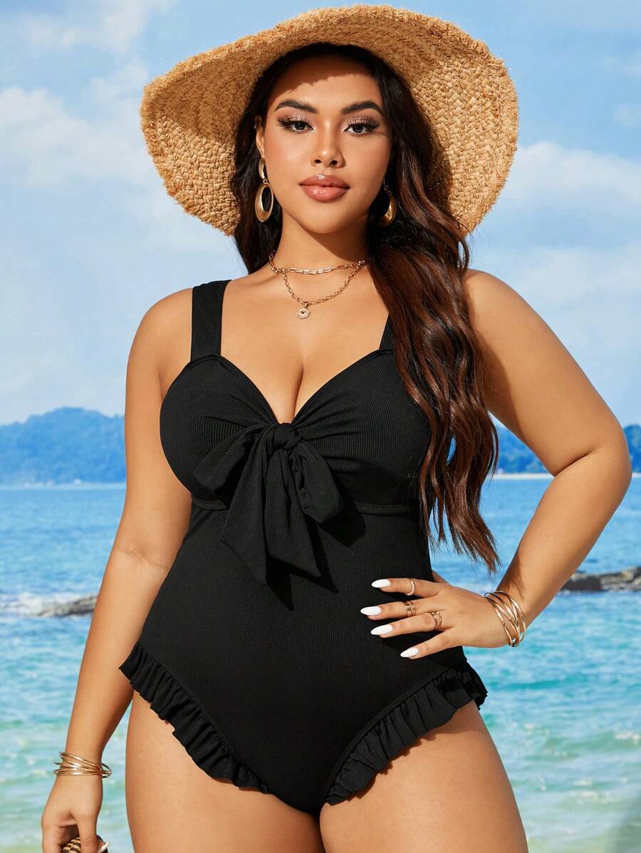 SHEIN Swim 大码女式纯色简约日常连体泳衣夏季 - 黑色 - 查看 1