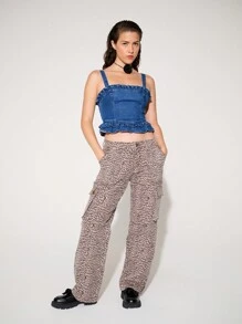 WESTFADE Premium 98% Cotton Denim Stretch Leopard Cargo Jeans - Multicolor - View 4