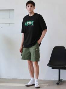 DAZY Men's Summer Letter Printed Round Neck Short Sleeve Casual T-Shirt And Cargo Pocket Shorts Set - Black - View 1