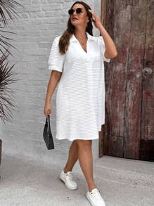 SHEIN LUNE Texture Weave Fabric V-Neck Puff Sleeve A-Line Dress With Pockets, Plus Size - White - View 6