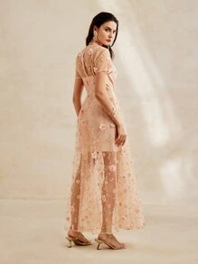 Anewsta 休閒粉色3D花朵泡泡珠串女式假日裙 - 藕粉色 - 查看 4