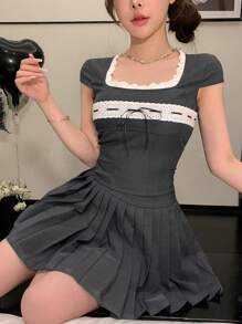 DAZY Conjunto de 2 piezas con mangas cortas para mujer con bloques de color - Gris Oscuro - Ver 6