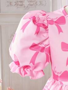 Tween Girl Elegant And Cute Bowknot Puff Sleeve Princess Dress - Pink - View 6
