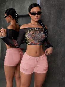 SHEIN EZwear Quần short denim thường ngày dành cho nữ với chi tiết rách và viền cuộn - Hồng - Xem 3