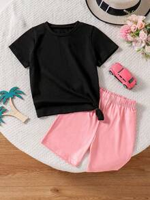 SHEIN Girls' Pink Coconut Tree Printed Round Neck Long T-Shirt + Shorts Set For Vacation And Beach, Spring/Summer - Black - View 2