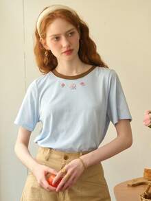 Simple Retro Camiseta informal de cuello redondo personalizada con parche bordado para mujeres - Azul - View 3