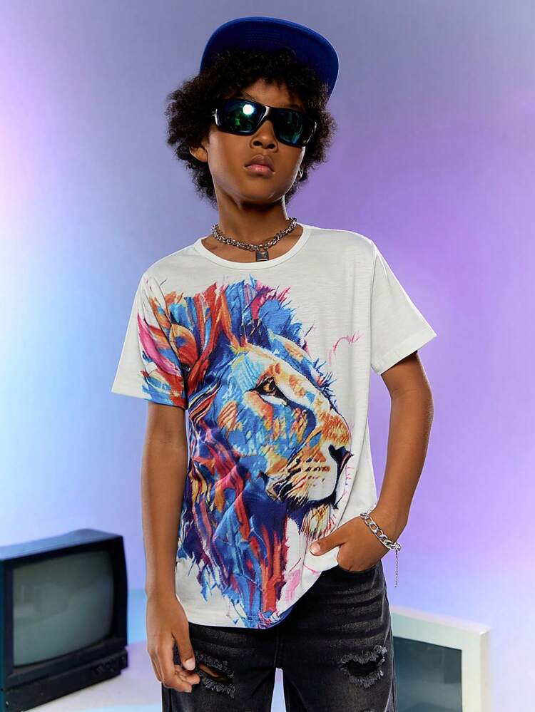 Boys' Fashionable Cool Graffiti Lion Printed White Short Sleeve T-Shirt, Youth