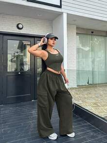 Flirla Conjunto de dos piezas: Chaleco y pantalones cargo de talla grande con estampado de camuflaje, para uso casual en verano - Verde militar - Ver 4