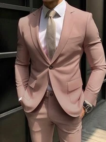 Calvornis Men 1pc Solid Lapel Neck Button Front Blazer & 1pc Suit Pants - Hot Pink - View 3