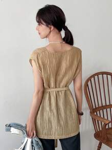 FRIFUL Women's Solid Color Textured V-Neck Waist Belt Tank Top - Khaki - View 12