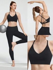 Áo ngực cắt cổ FeatherFit™ cổ chữ V có dây đeo chéo phía sau Tác động thấp Yoga hàng ngày - màu đen - Xem 7