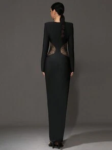 Modphy 新款时尚黑色性感水晶腰网眼拼接长款绷带连衣裙，女士正式派对晚礼服，适合开斋节、婚礼宾客 - 黑色 - 查看 2