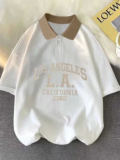 Manfinity Campus Court 男士夏季复古字母图案印花短袖休闲宽领 Polo 衫