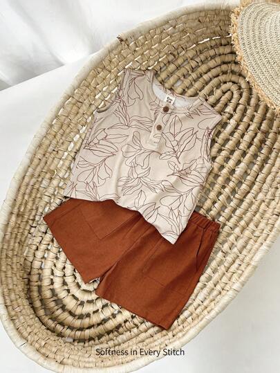 Cozy Pixies 男婴两件套针织柔软无袖上衣和短裤套装，植物花卉图案