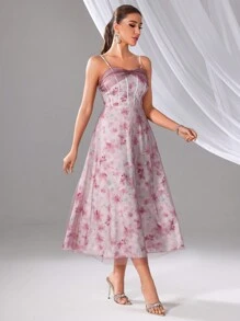 SHEIN Belle Floral Allover Print Mesh Splice Women's Evening Dress With Spaghetti Strap - Pink - View 5