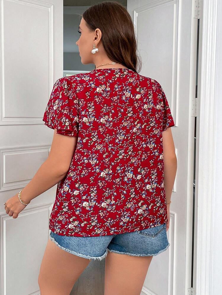 SHEIN LUNE 大碼碎花蝴蝶袖襯衫 - 紅色 - 查看 2