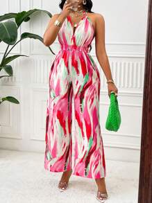 Backless Printed Jumpsuit With Neck Halter (Random Floral Pattern) - Pink - View 1