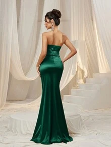 Faeriesty Ruched Front Slit Thigh Satin Bandeau Party Dress - Dark Green - View 3