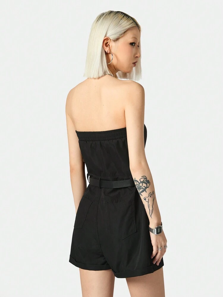 Women's Summer Strapless Cropped Waist Jumpsuit With Belt
