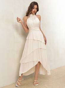 SHEIN Privé 女裝夏季純色立領綁腰設計荷葉邊吊帶連身裙 - 杏色 - 查看 2