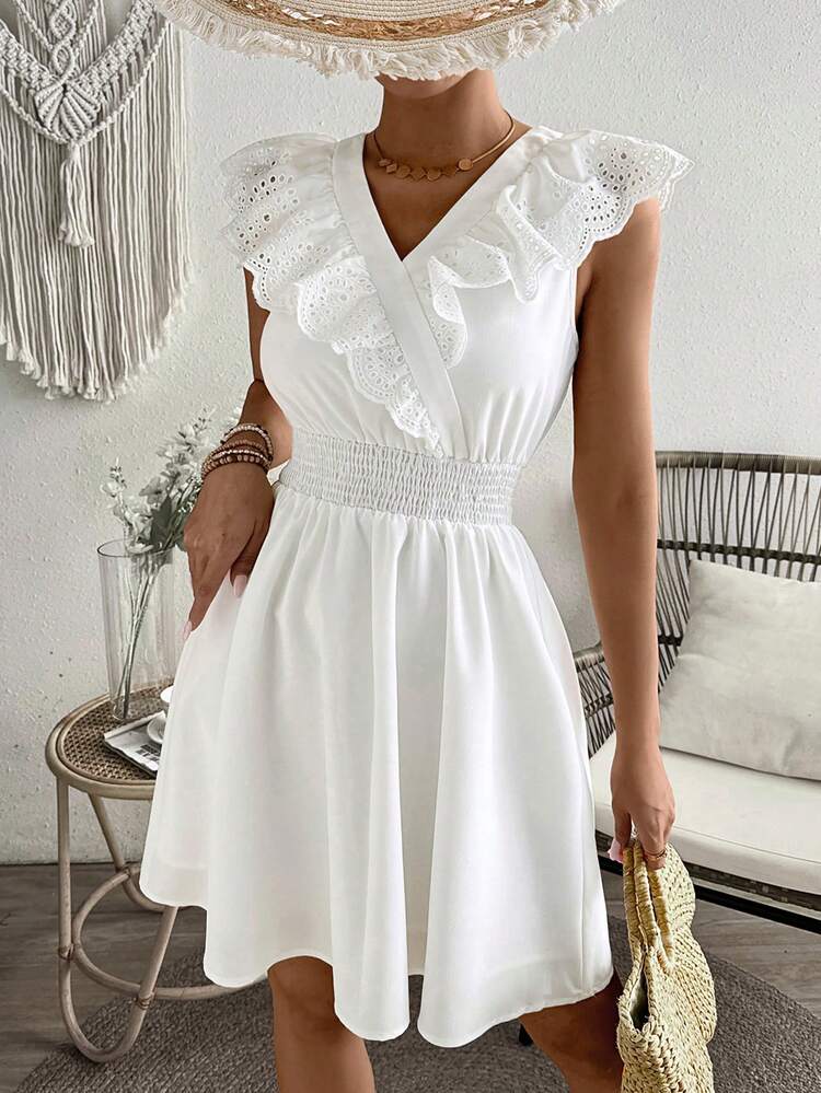 Embroidered Fabric 3D Ruffle Trim Splice, Waist Cinching Design, Textured Mini Vacation Style Dress