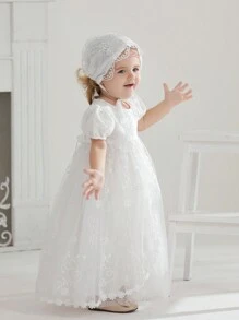 Baby Girl Short Puff Sleeve Long Baptism Dress, White Wedding Party Flower Girl Dress