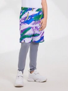 SHEIN Tween 男童 2 件套运动套装 - 渐变印花瑜伽/健身/跑步透气弹性宽松短裤 + 柔软灰色裤子 - 彩色 - 查看 1