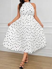 Celure Plus Size Polka Dot Pleated Dress With Ribbon Ties