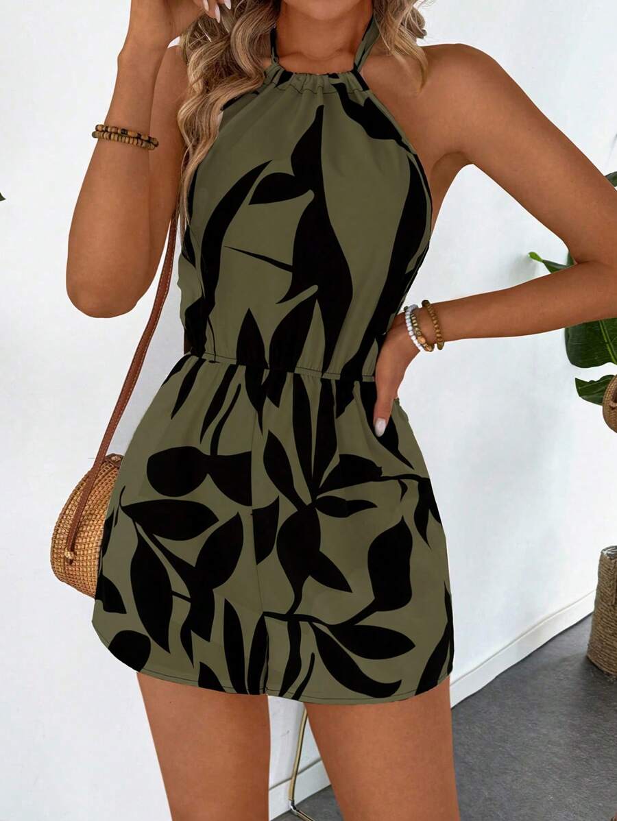 Breezaya Spring/Summer Leaf Print Halter Elastic Waist Holiday Jumpsuit - Army Green - View 1