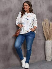 EMERY ROSE Áo sơ mi đơn giản hàng ngày in ngẫu nhiên dành cho nữ cỡ lớn - trắng - Xem 5