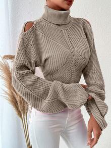 EURMUSE Turtleneck Drop Shoulder Crop Sweater - Beige - View 5