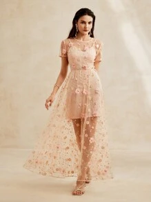 Anewsta 休閒粉色3D花朵泡泡珠串女式假日裙 - 藕粉色 - 查看 1