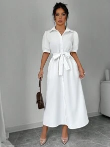 Selianne 蝴蝶结领短袖 A 字裙，适合春夏季和情人节 - 白色 - 查看 4
