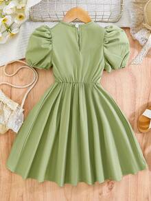 Girls' Peter Pan Collar Embroidery Puff Sleeve Summer Dress - Olive Green - View 2